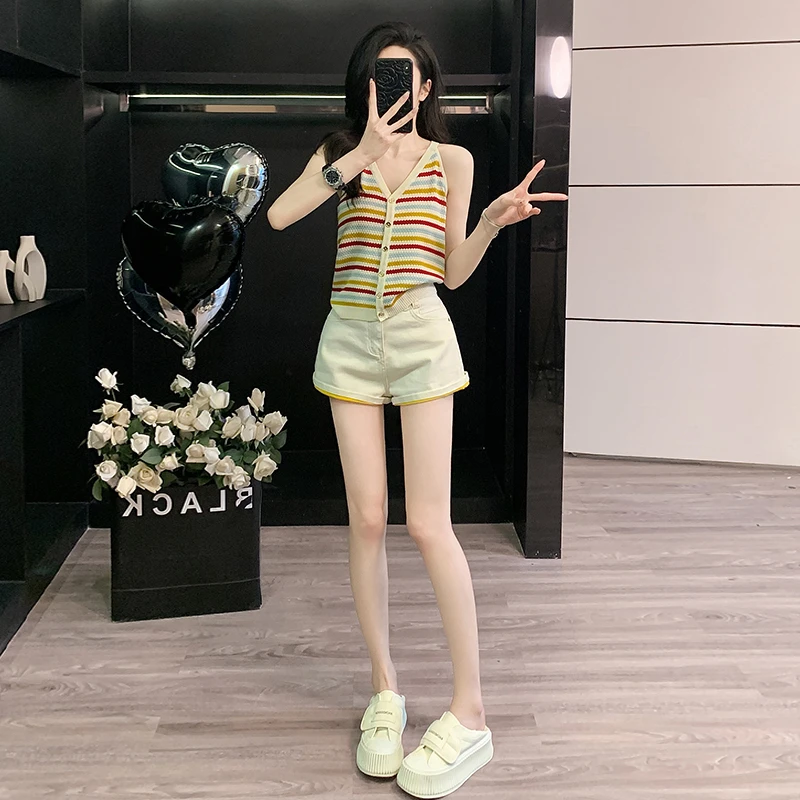 撞色条纹挂脖针织背心女夏季纯欲v领无袖显瘦设计感上衣套装女