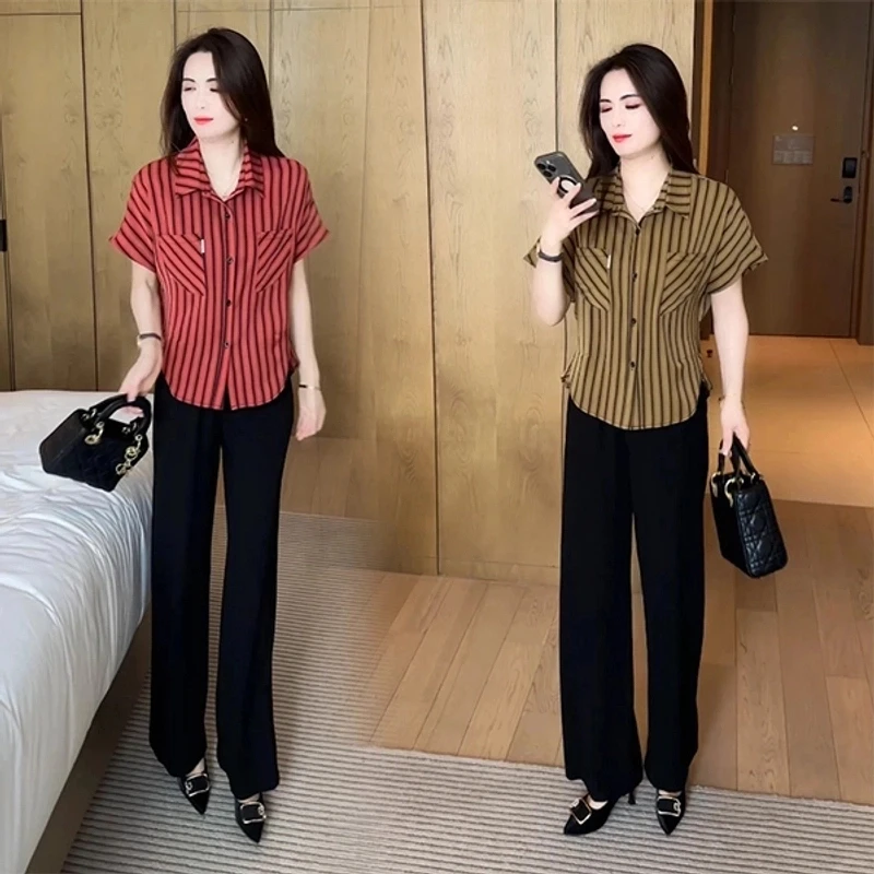 夏季穿搭衬衫休闲时尚洋气气质显瘦减龄短袖上衣2025条纹垂感