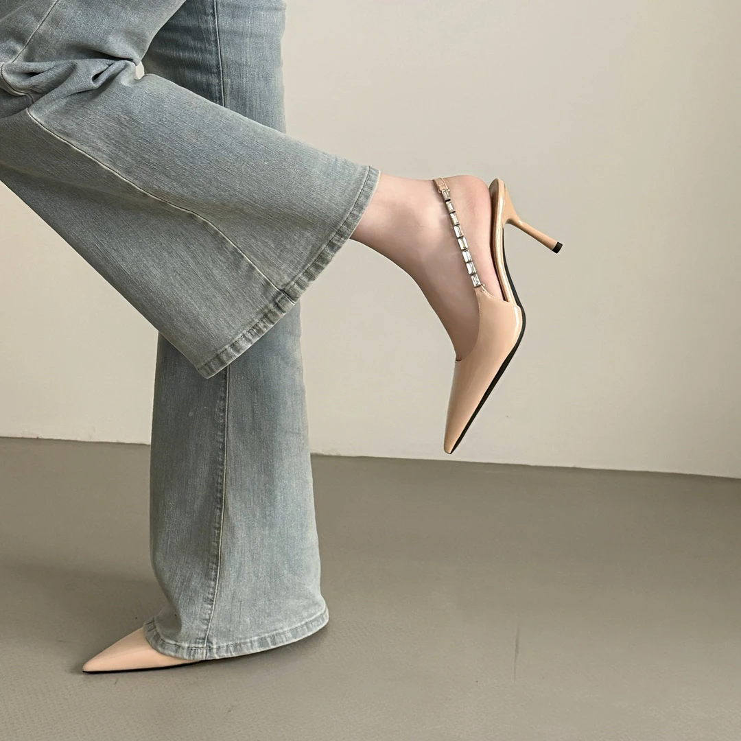 慢西西新品浅口粉色配裙子春夏女鞋时尚链条尖头细跟高跟凉鞋女鞋