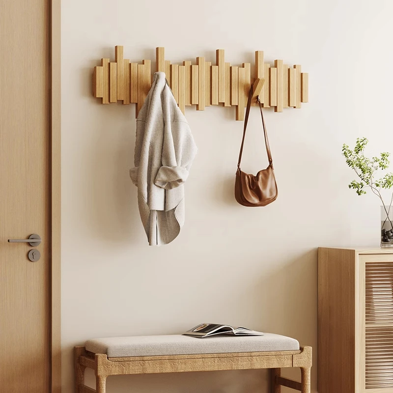 原木风钢琴键挂衣架实木衣帽架子挂钩门后入户玄关小户型专用收纳