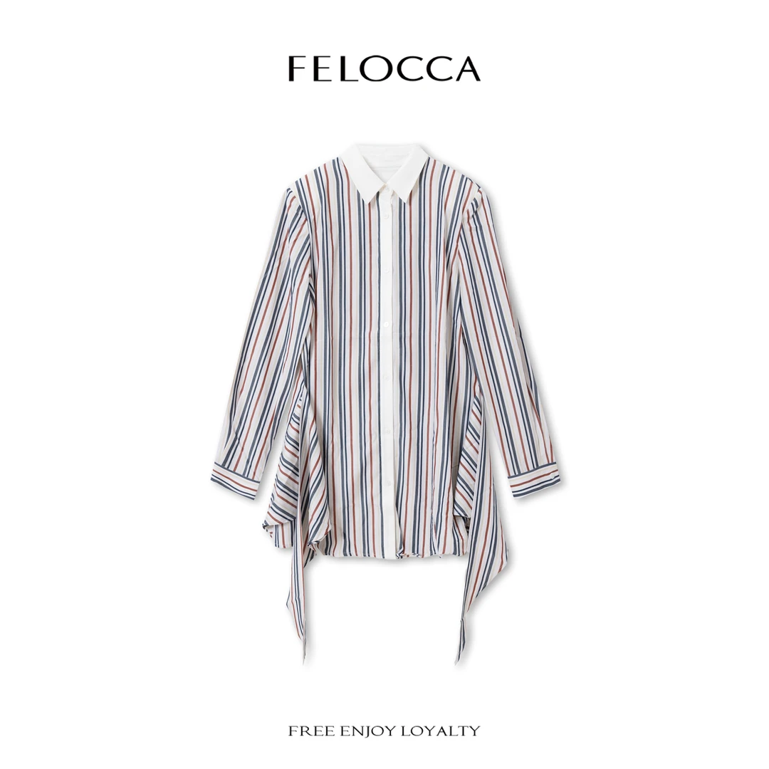 【FELOCCA】新款绑带衬衣条纹撞色长袖高级休闲衬衫裙NYN-4495