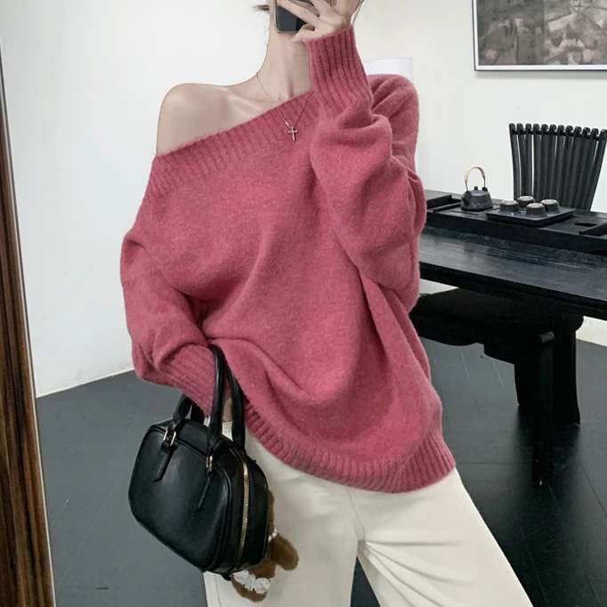 2025实价 秋冬韩版休闲百搭慵懒风斜肩软糯特制毛纱毛衣上衣