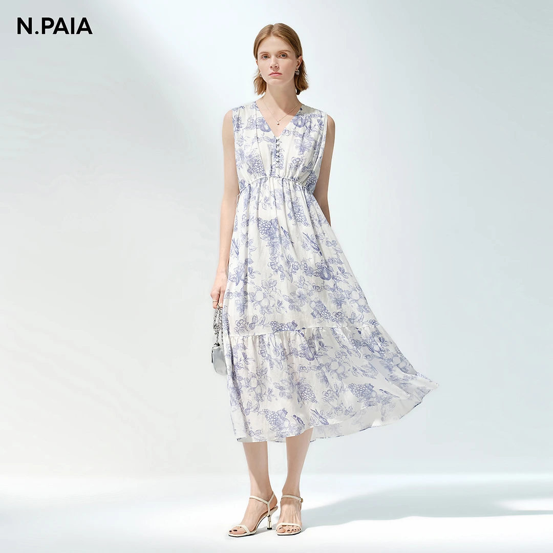 恩派雅2025新款灵动棉麻V领收腰无袖印花连衣裙女XNKEH4642A