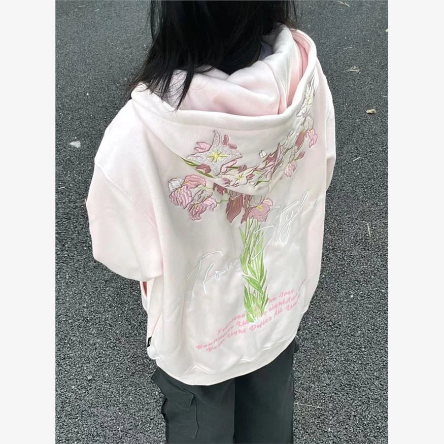 美式复古花卉刺绣连帽卫衣女春秋宽松慵懒风韩系休闲开衫外套潮