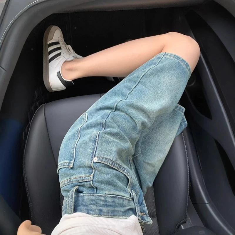 蓝色五分软牛仔裤女夏季薄款高腰宽松款显瘦梨形身材直筒阔腿中裤