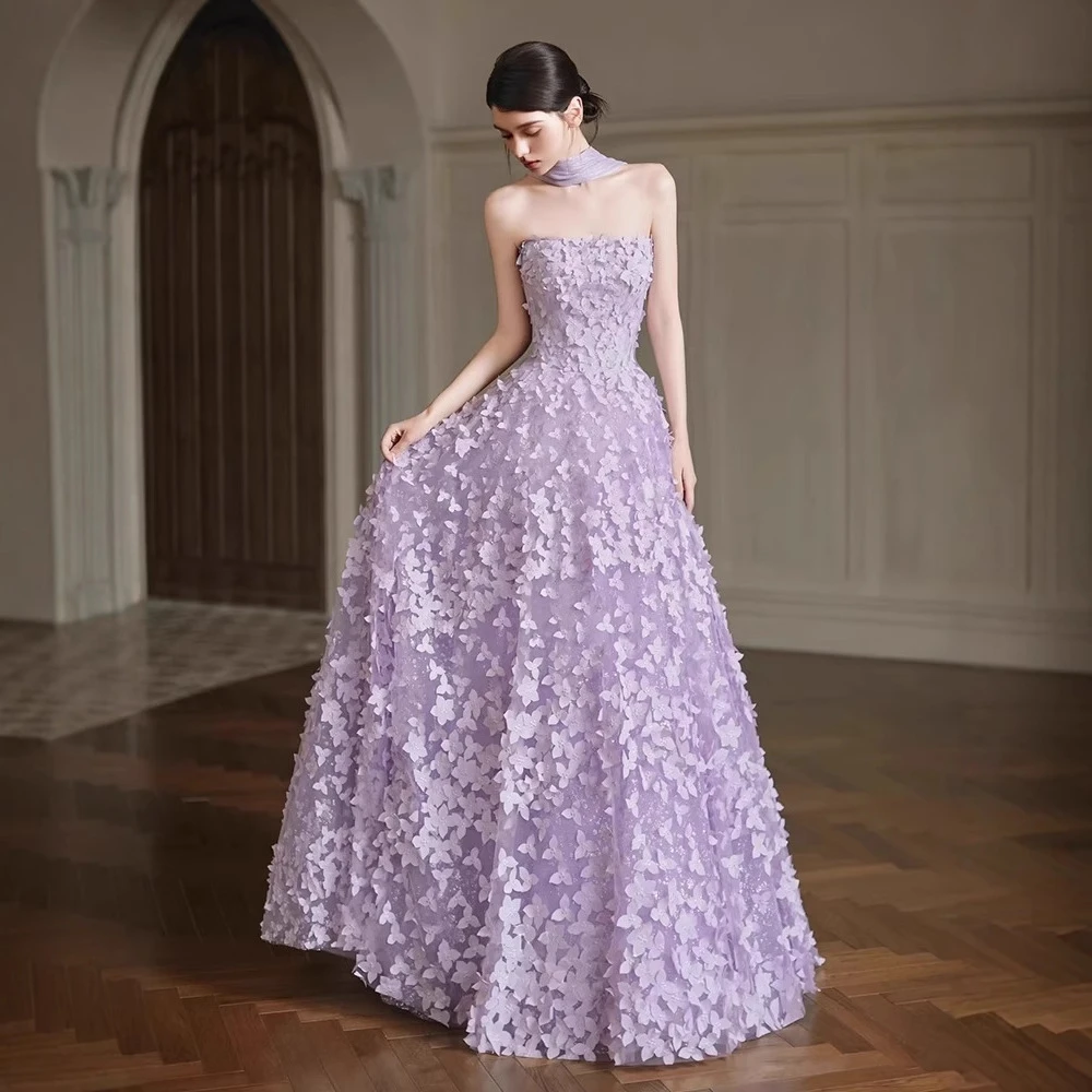 紫色花朵抹胸晚礼服2025新款轻奢小众敬酒服晨袍主持人艺考成人礼