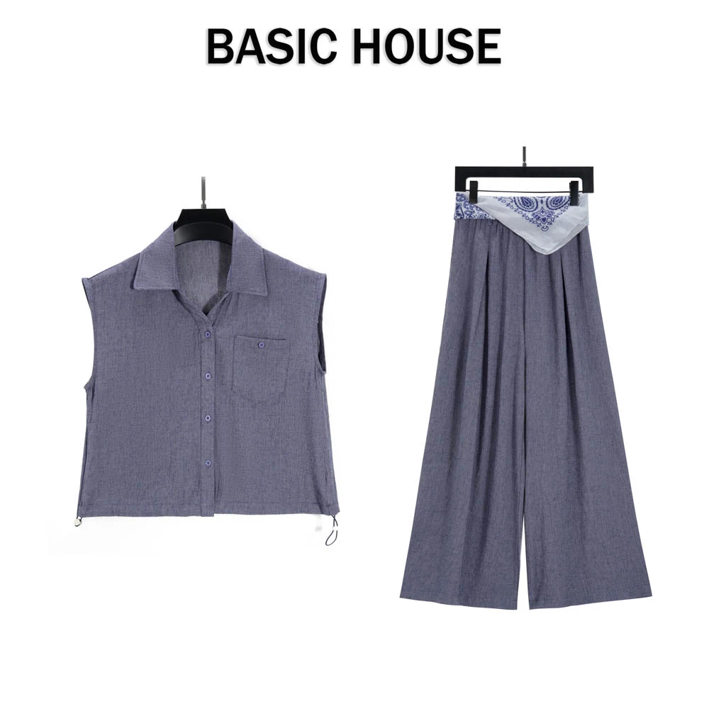 Basic House/百家好CSM新款复古翻领无袖衬衫英伦风阔腿裤套装