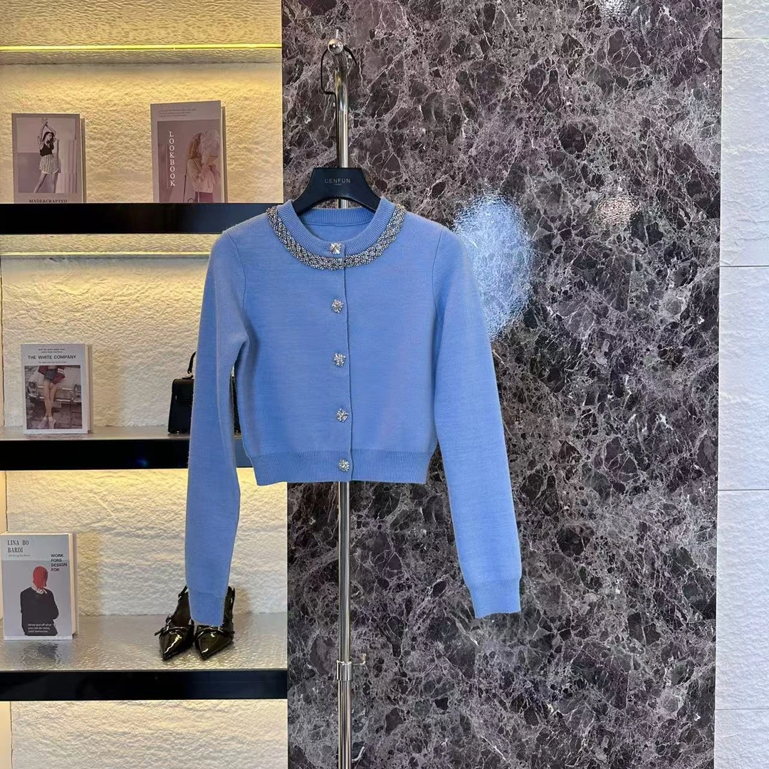 【CENFUN】 165*蓝色轻奢设计钉扣镶钻针织上衣A231139