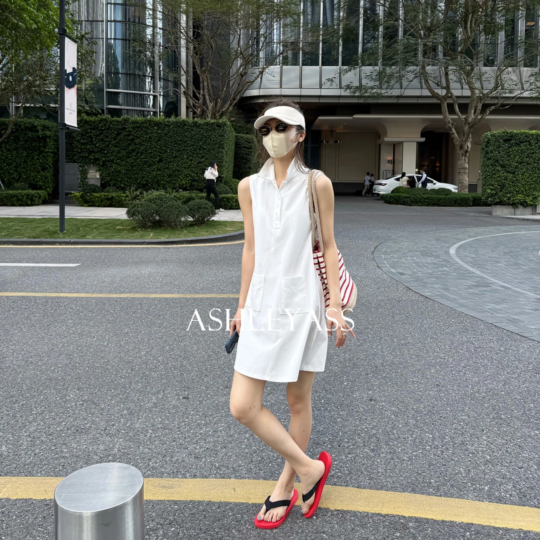 【ASHLEYASS】“golf”白色口袋裙半纽扣门襟设计师连衣裙LSQ250444J