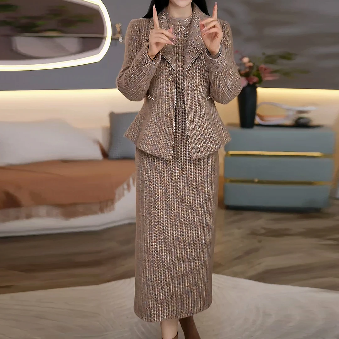 【西装夹棉外套+连衣裙】两件套2025秋冬季新款气质显瘦女装套装裙