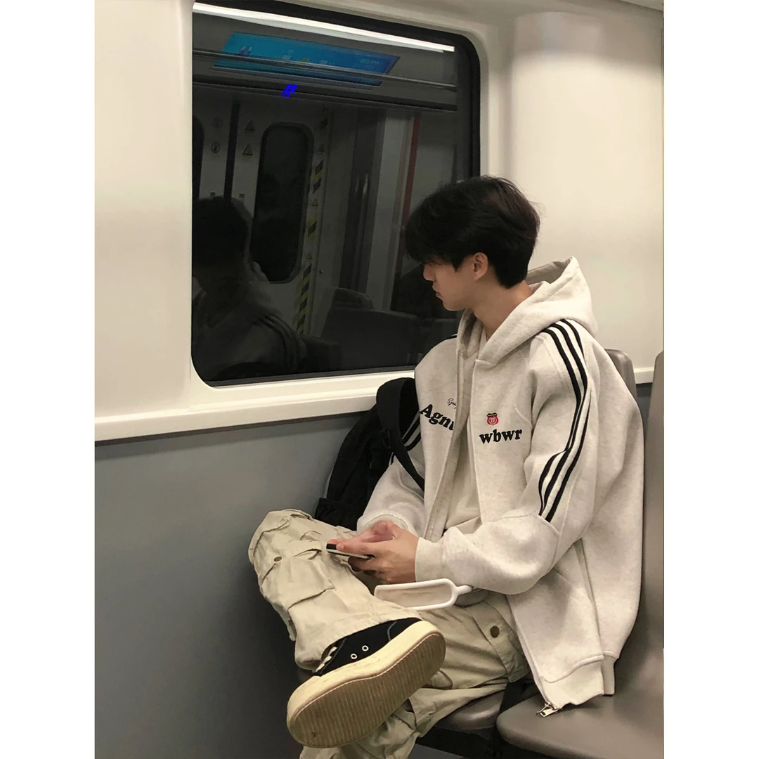 美式三条杠开衫卫衣男女秋冬季盾牌字母印花连帽休闲情侣百搭卫衣