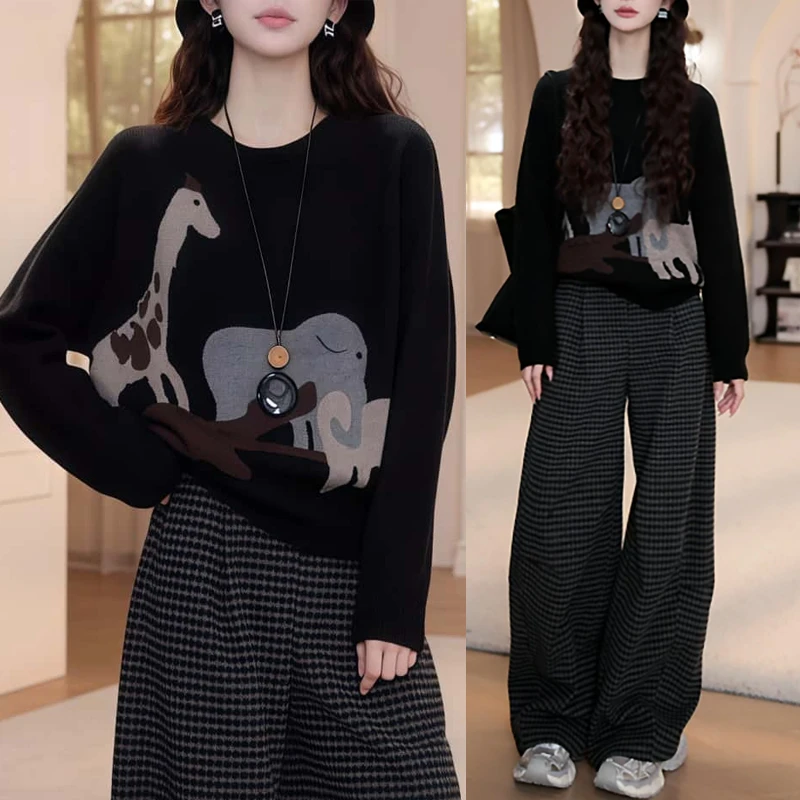 秋冬格子裤时尚两件套宽松绣花圆领套头针织衫毛衣女2025休闲套装