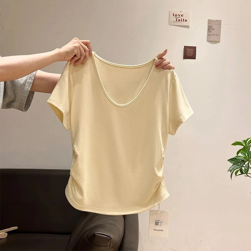 白色V领正肩基础款短袖t恤女夏韩系港味褶皱收腰上衣弧形下摆体恤