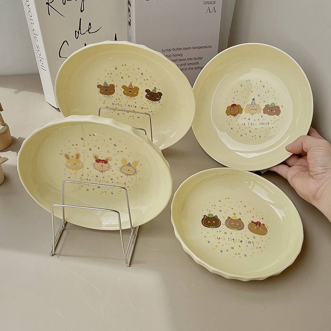 动物派对8英寸大圆盘釉下彩奶油风卡通简约可爱汤盘早餐盘沙拉盘