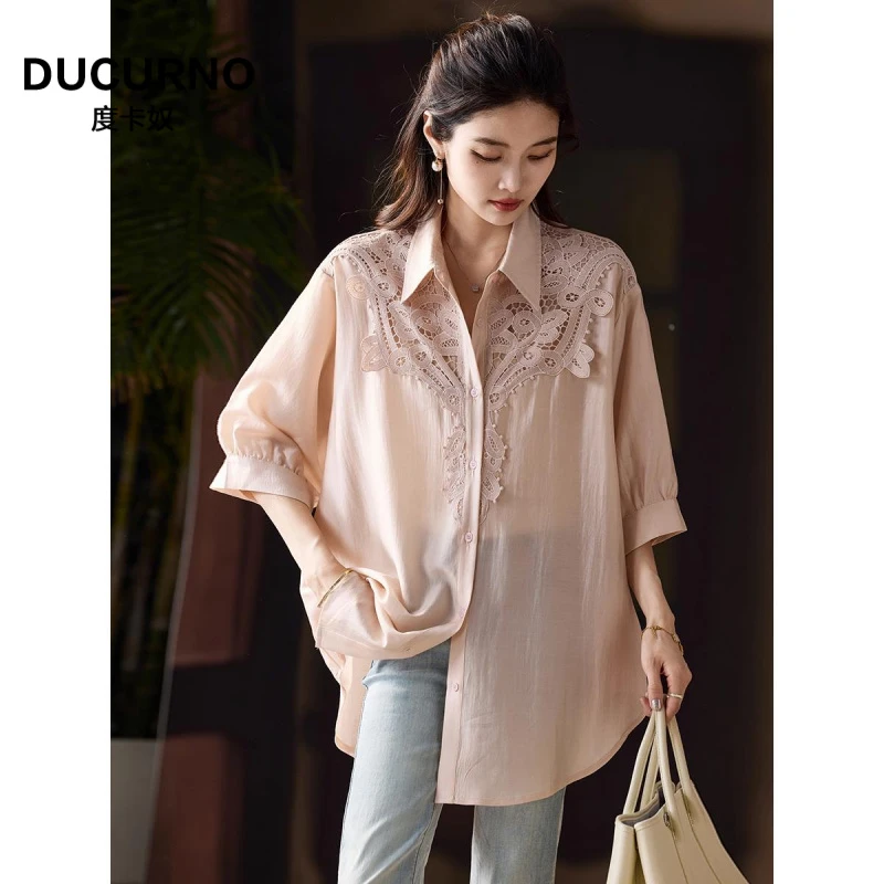 蕾丝拼接短袖衬衫女秋季新款大码气质衬衣2025年小众宽松国风上衣