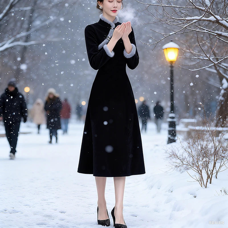 秋冬新中式旗袍2025新款高端修身气质长袖日常黑色加厚连衣裙冬季