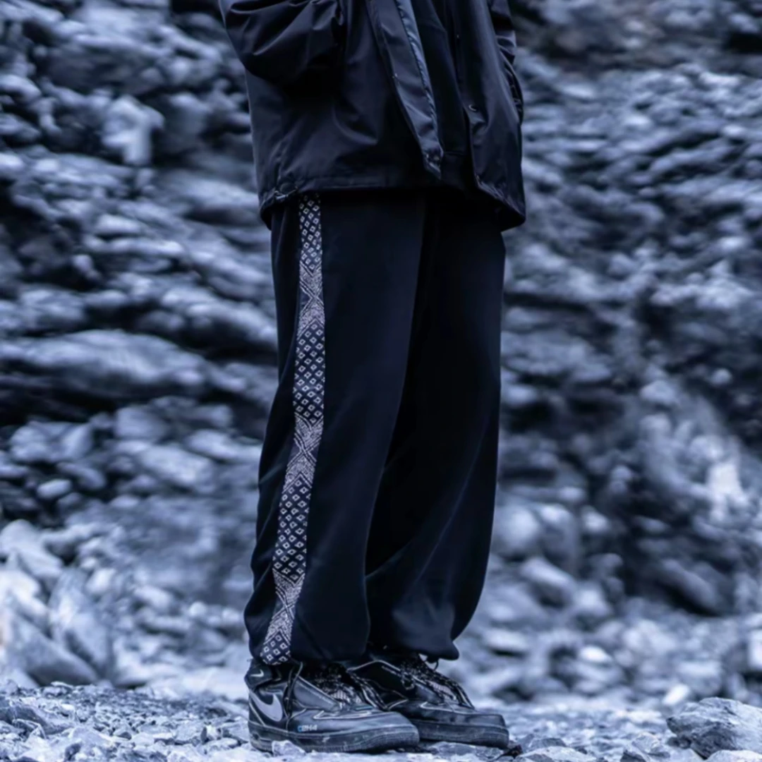 潮牌KW侧边腰果花拼接卫裤高街宽松国风休闲长裤裤子