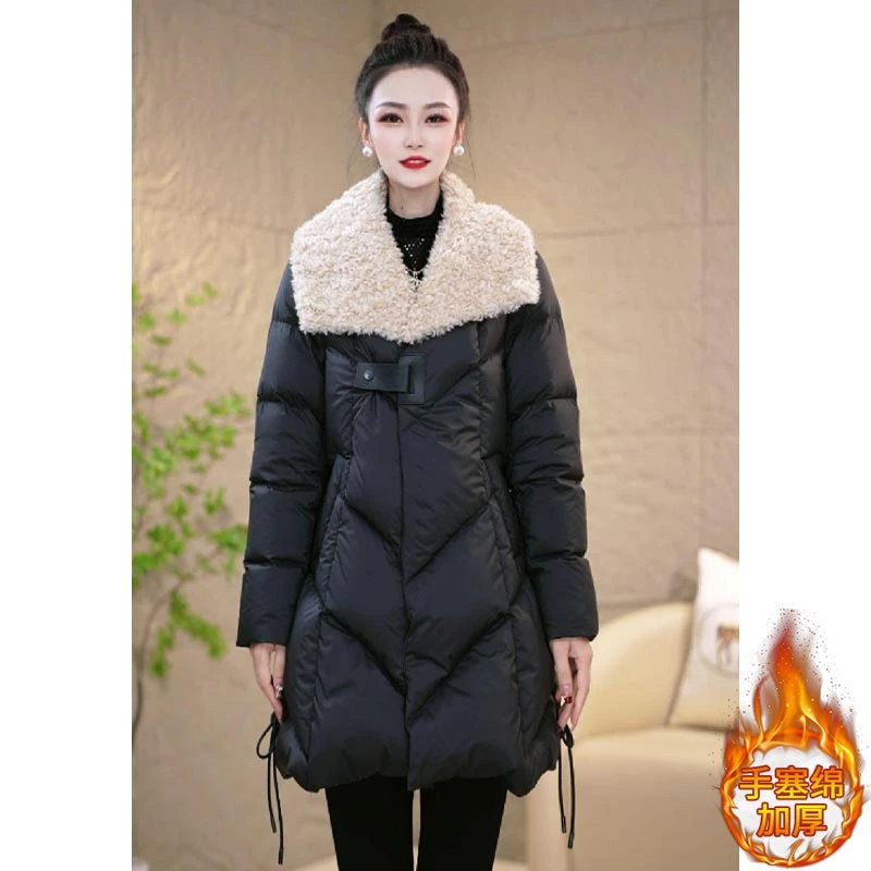 设计感百搭宽松减龄棉服女2024年冬季新款拼接翻领加厚中长款外套