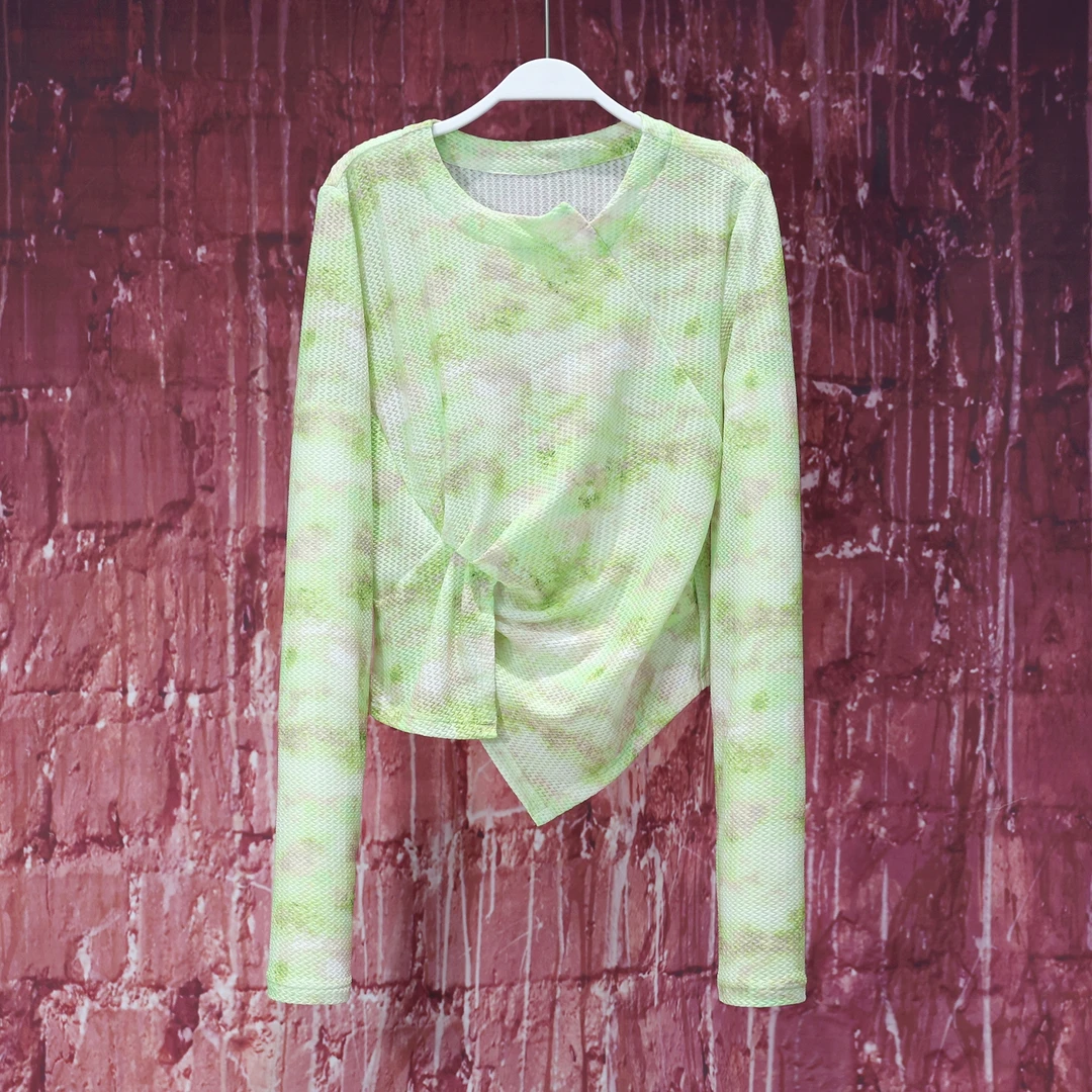 【韩哥女装】冰凉一夏  高定设计师款田园绿扎染高弹显瘦上衣3590A