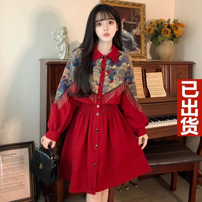 实拍 2025秋新款胖mm时尚复古设计感显瘦流苏假两件衬衫连衣裙子