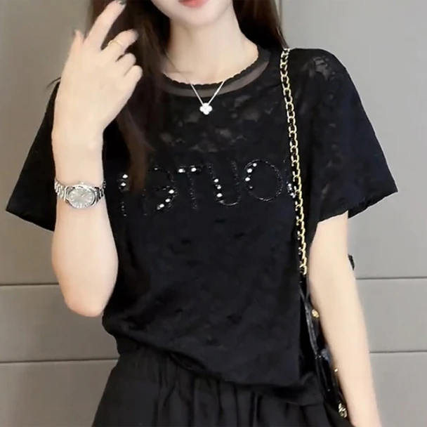 欧货圆领字母亮片短袖T恤女夏季新款宽松显瘦百搭洋气上衣潮7003