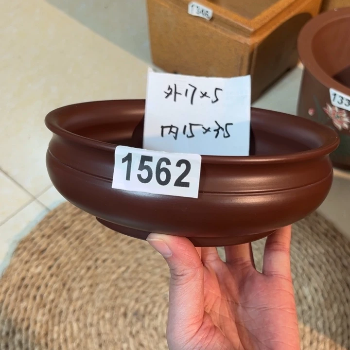 紫砂花盆  全手工紫朱泥束口小浅圆1562