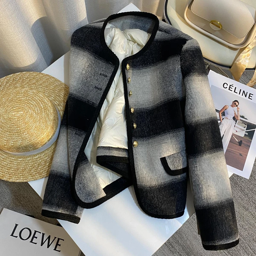 冬季新品黑白格子小香风羽绒内里双面呢短外套女流行韩系百搭