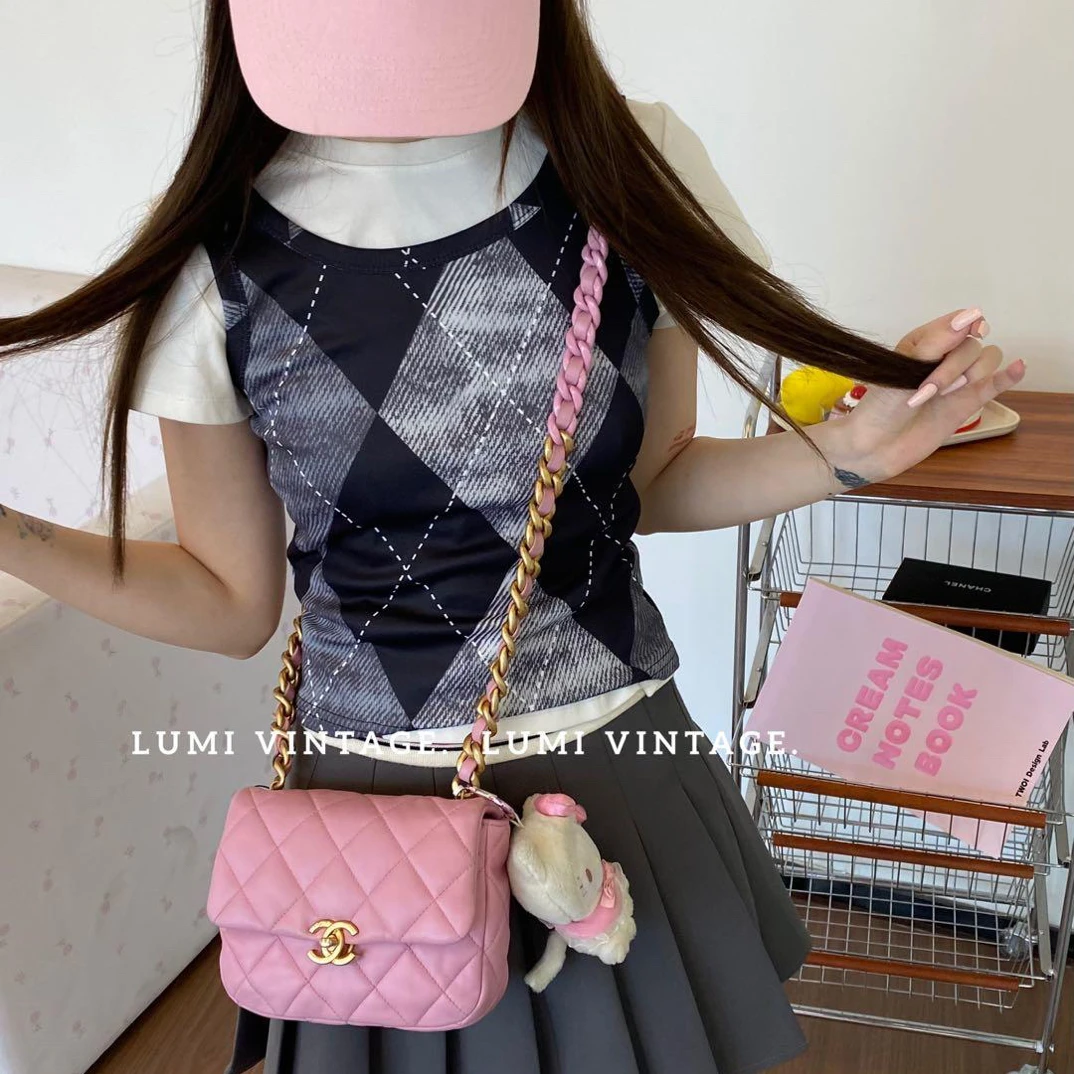 95新 Chanel/香奈儿 粉色羊皮鸳鸯链条方胖子 92573372