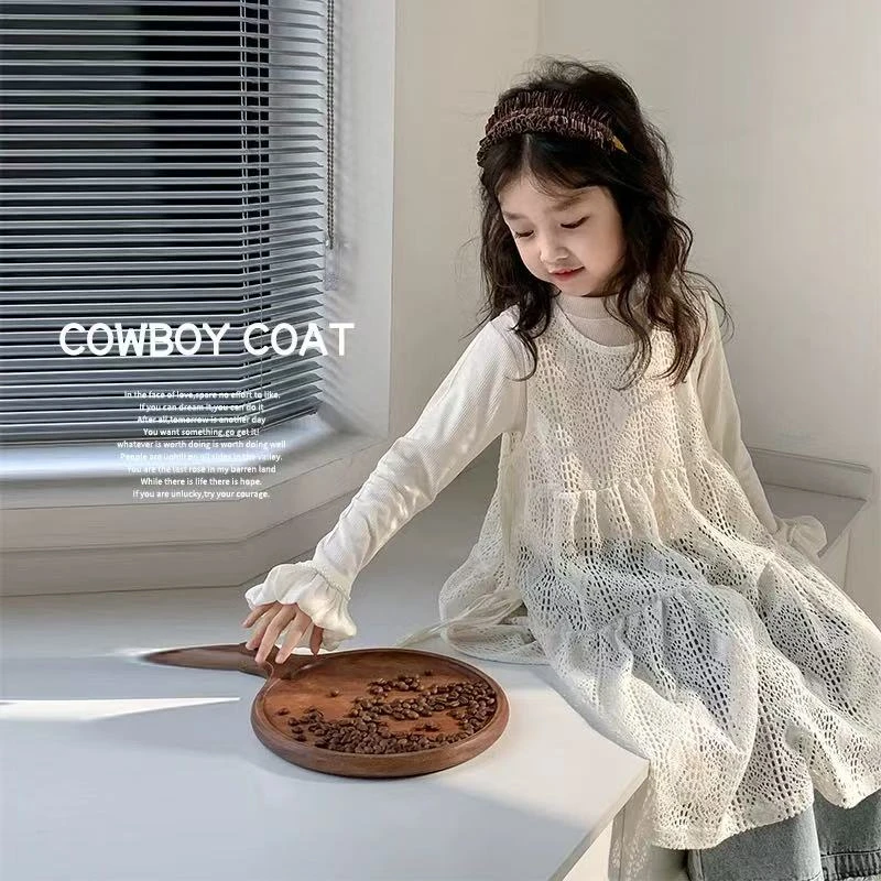 「2025新款韩系儿童蕾丝连衣裙韩版背心裙叠镂空春装」