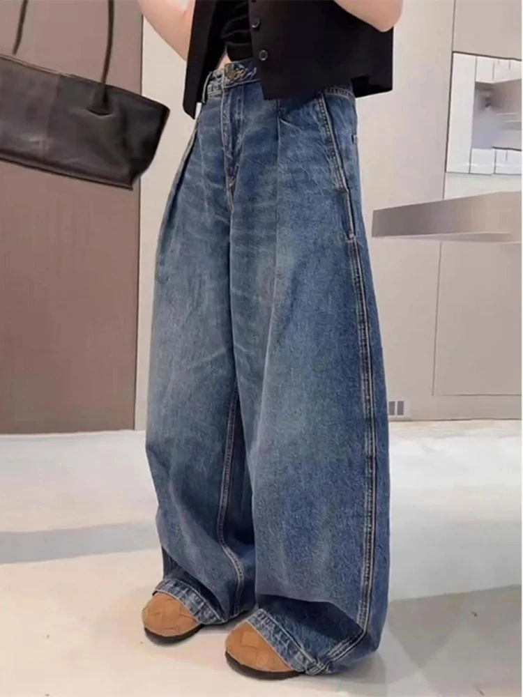 美式复古弯刀阔腿牛仔裤女春季新款褶皱设计感宽松垂感廓形拖地裤