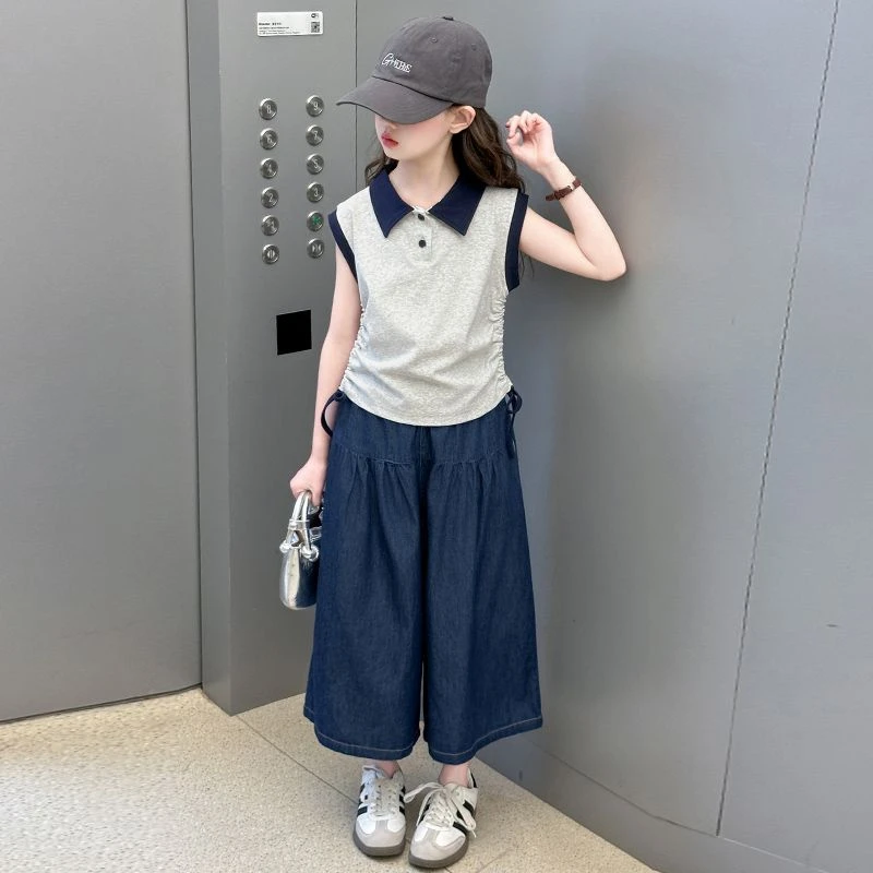 女童休闲无袖套装撞色拼接儿童新款中大童洋气夏季阔腿裤两件套潮