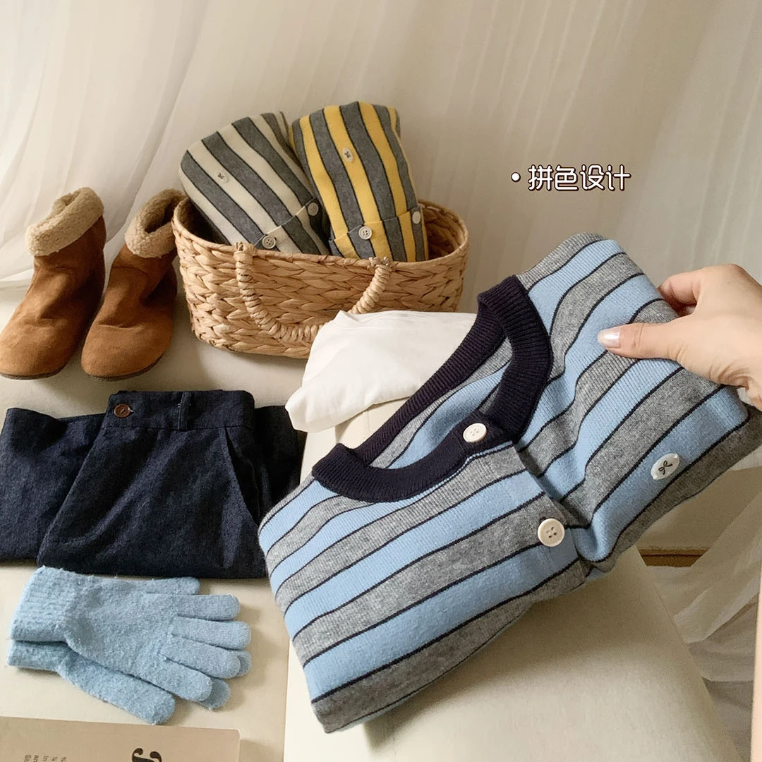 韩国蝴蝶结小标撞色条纹针织开衫女秋冬宽松内外穿显瘦圆领小外套