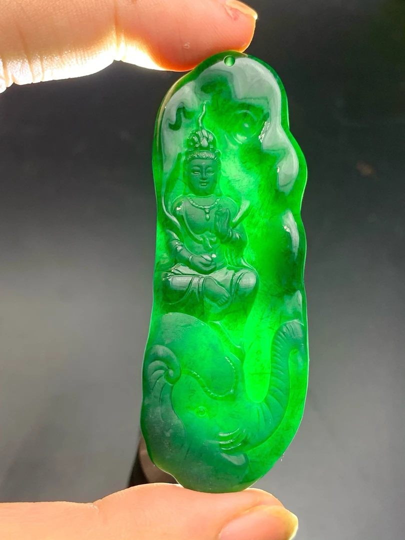 天然翡翠A货墨翠《普贤菩萨》顺丰特快立体雕刻冰透精雕双面