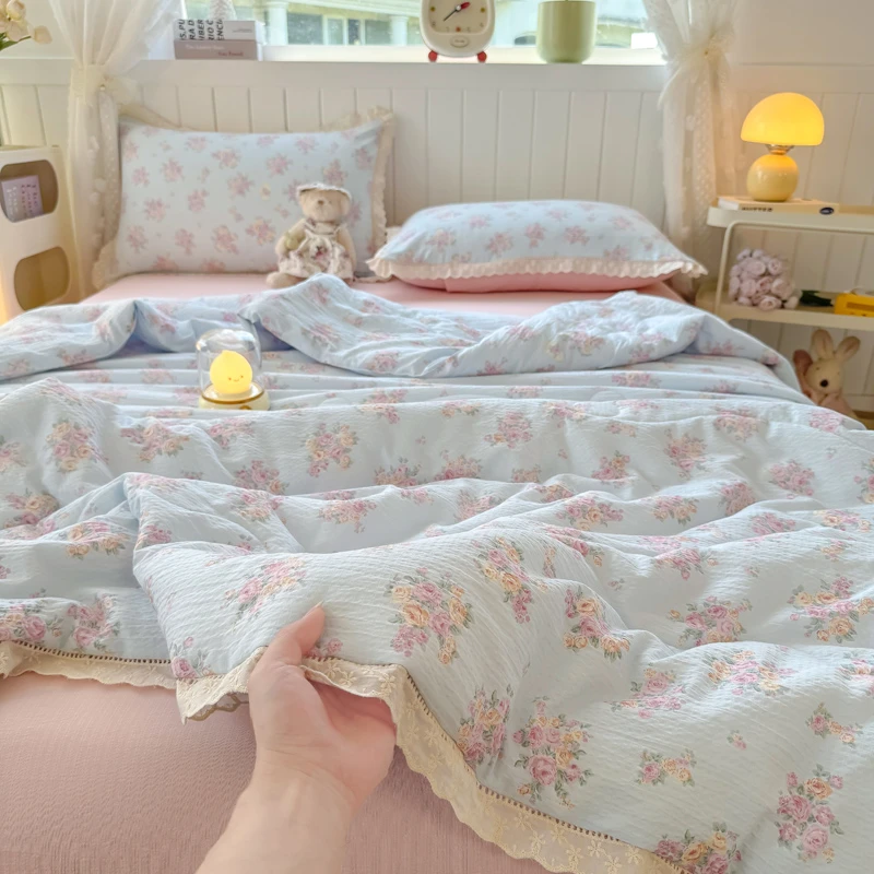 双层纱夏凉被四件套法式花边夏季薄款空调被夏被双人2米x2.3米