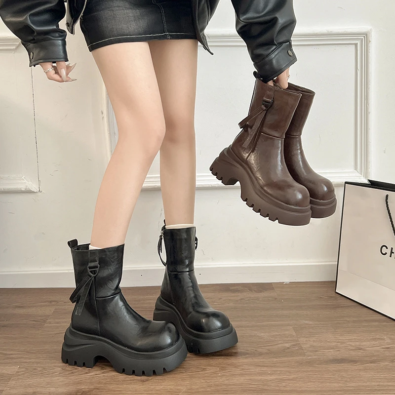 美拉德复古厚底马丁靴女2025年新款小个子增高显瘦侧拉链瘦瘦靴