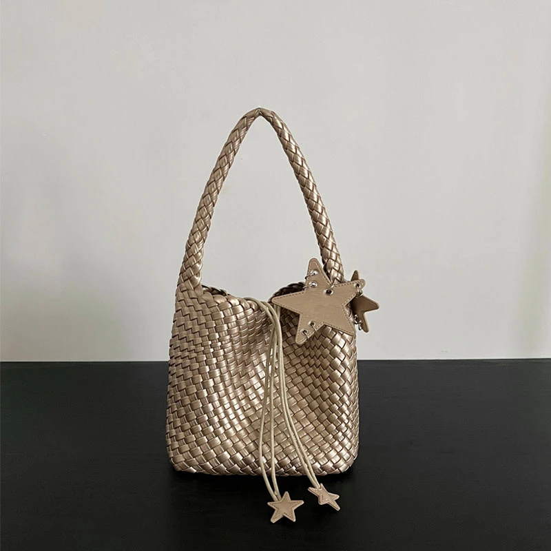 2025夏季新款香槟金色小版编织包女慵懒松弛感手提单肩托特小包包