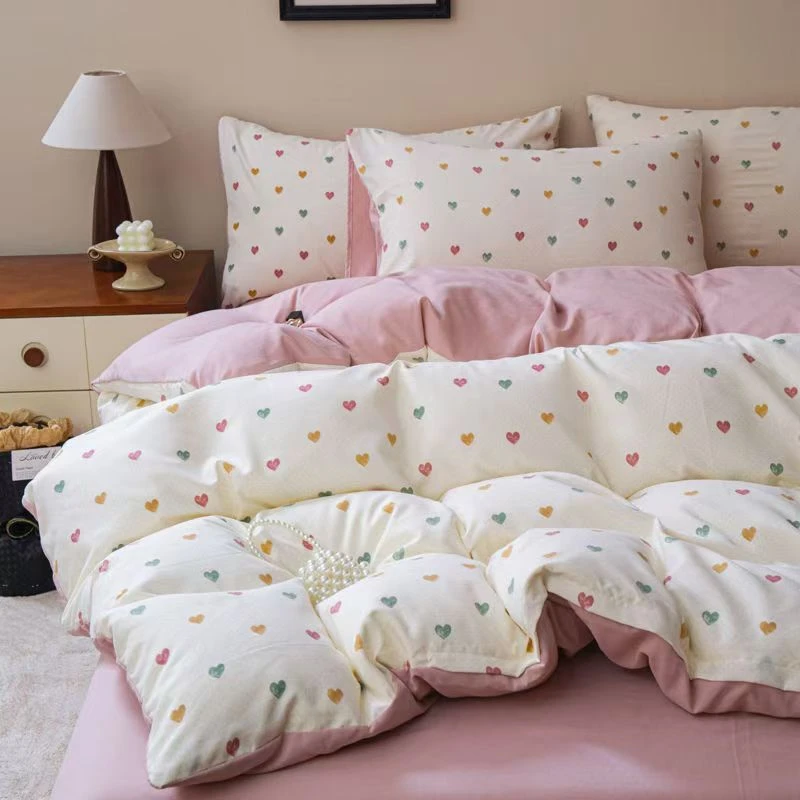 透气夏季水洗棉针织床品套件花边四件套小清新亲肤加厚印花单人