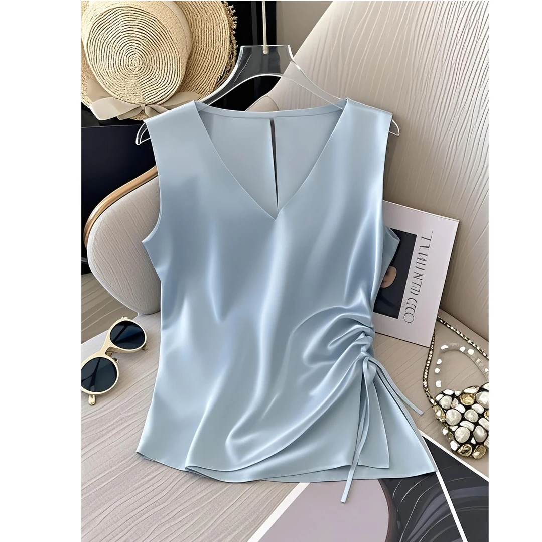 蓝色轻奢收腰系带短袖t恤女2025夏季新款百搭独特超好看缎面衬衫