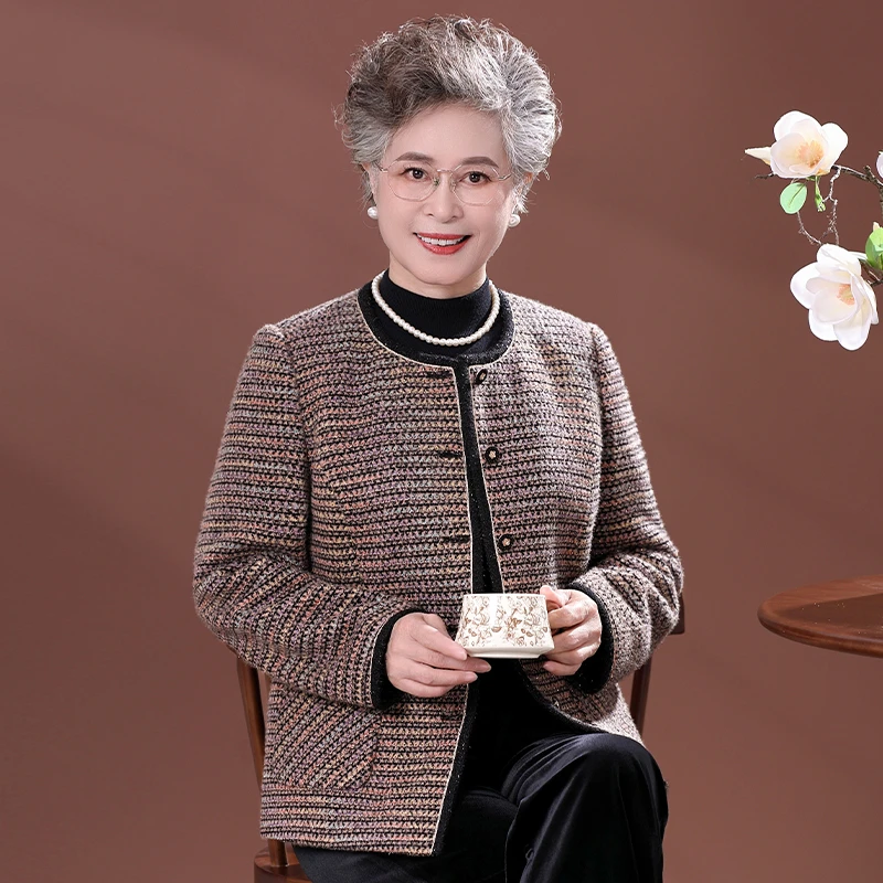 中老年秋季妈妈装气质时尚小香风毛呢外套女老人奶奶太太秋装夹克