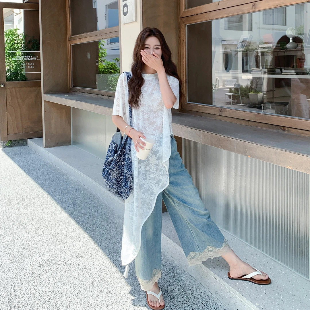 不规则蕾丝罩衫牛仔阔腿裤套装女夏绝美气质减龄穿搭巨好看一整套