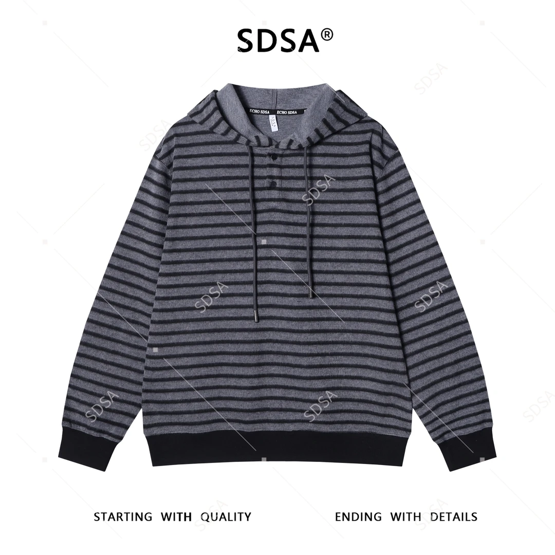 SDSA男士秋冬新款痞帅男装撞色条纹半纽扣连帽针织卫衣时尚高级感