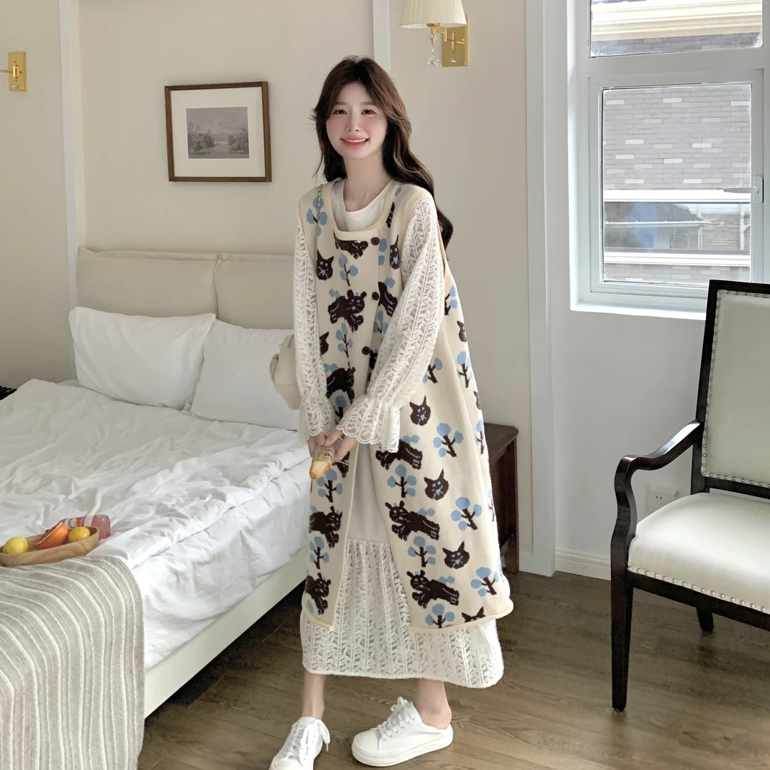 针织开衫马甲蕾丝连衣裙套装裙女2025春秋新款减龄洋气两件套爆款