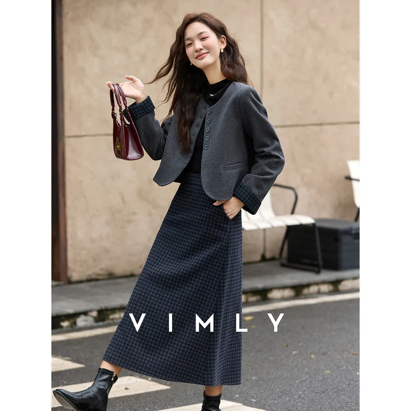 M梵希蔓灰色格纹通勤套装女冬季圆领外套格子半身裙两件套A2805