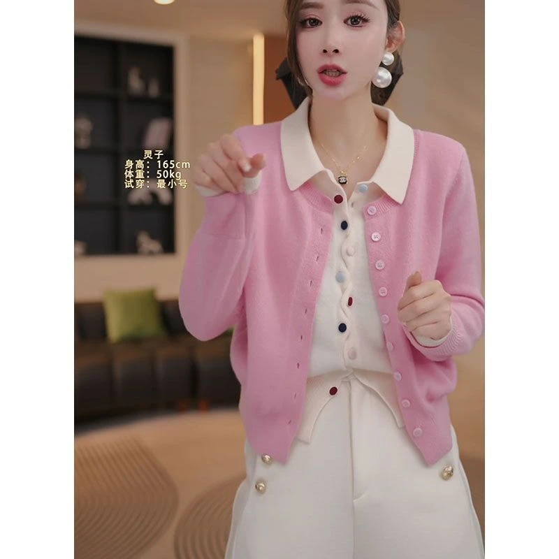 潮织女时髦洋气翻领撞色假两件针织开衫女彩扣小衫时尚气质毛衣潮