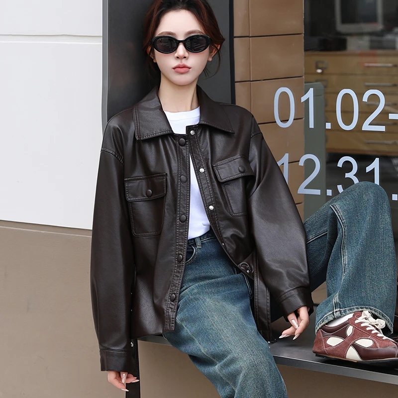 拉夏贝尔时尚皮衣外套女2025秋季新款显瘦高级感皮夹克机车服上衣