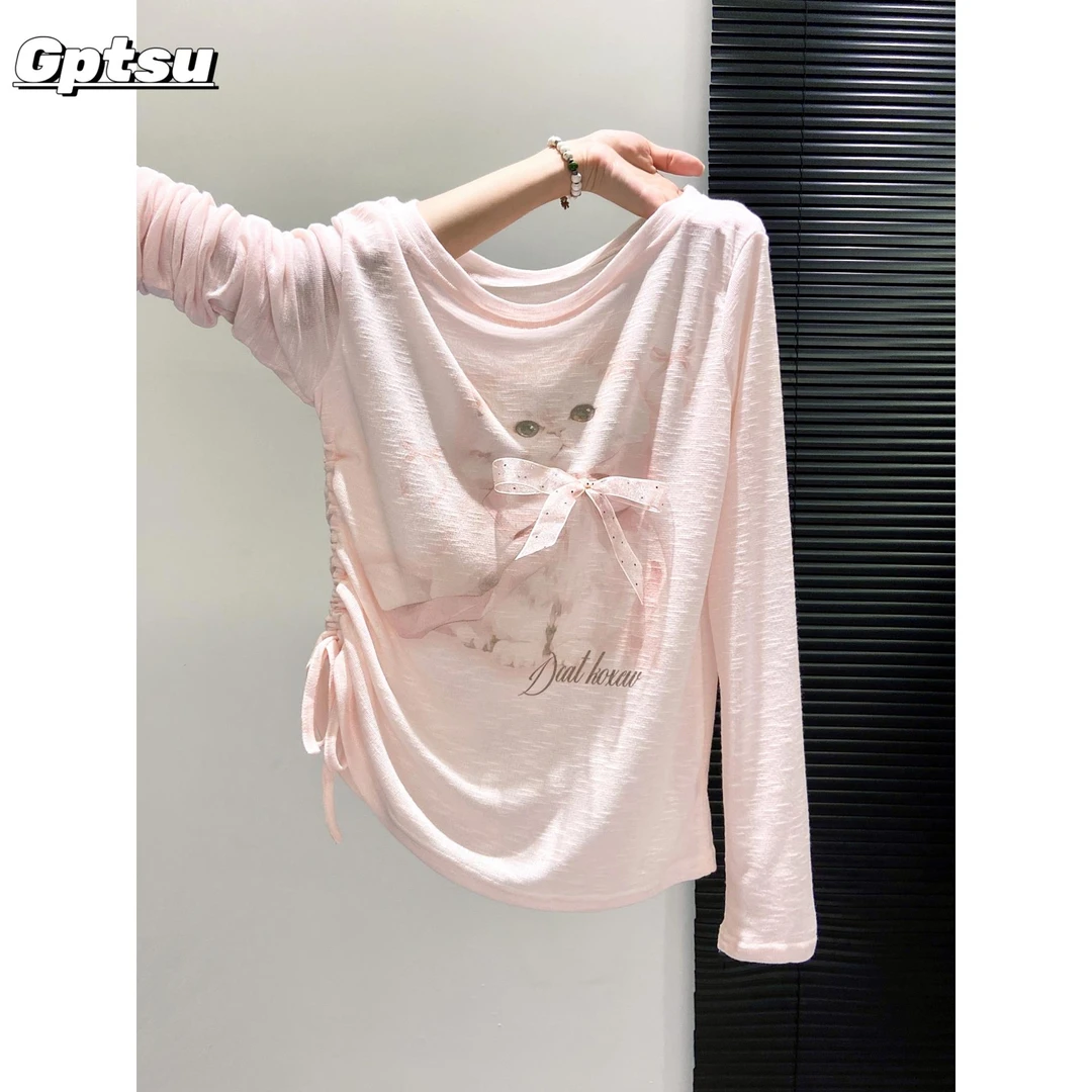 GPTSu猫咪印花薄款斜领长袖2025夏季设计感褶皱收腰宽松防晒罩衫