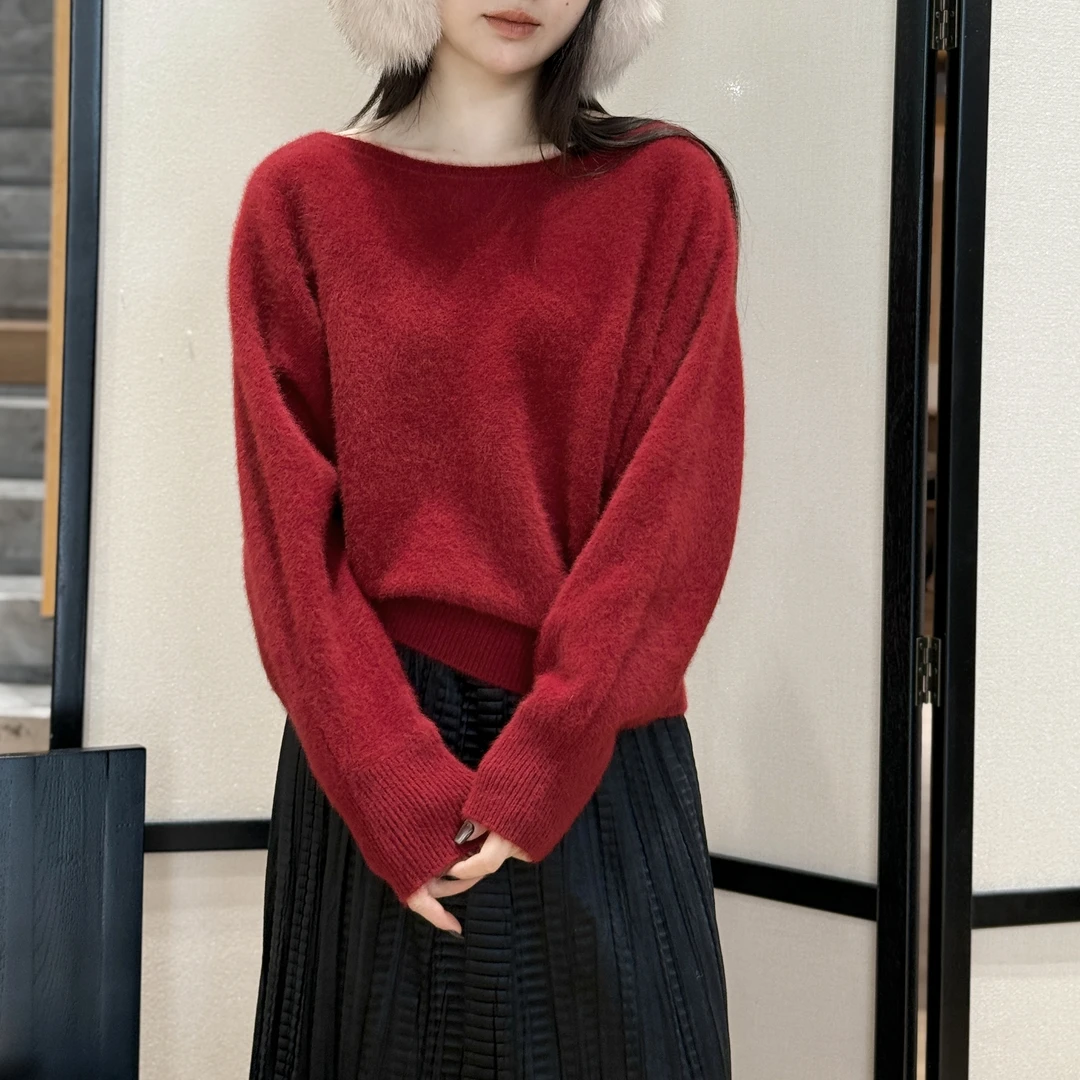 暖红入夜丨稀缺狐狸毛丨蝙蝠袖一字领套头毛衣针织衫-MY6494