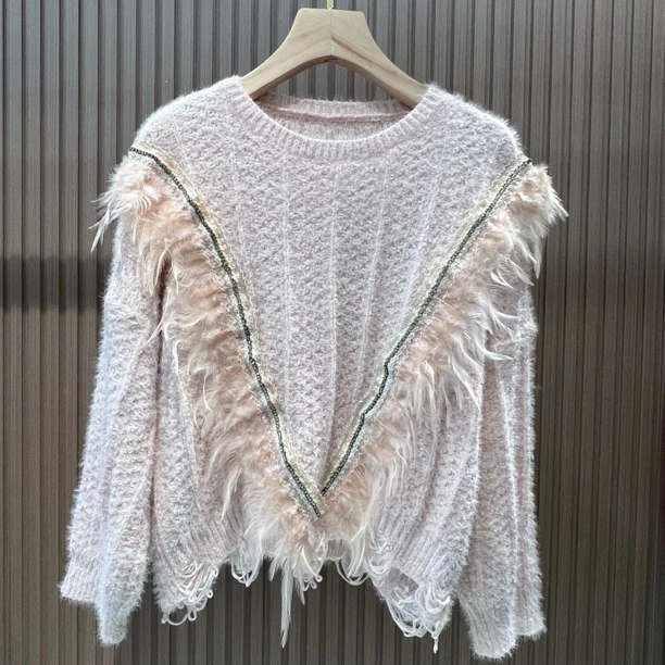 2419 拼接羽毛毛衣