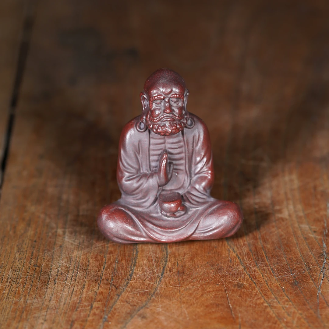 宜兴原矿高温石红料雕塑《达摩》紫砂手工茶宠茶玩茶道摆件