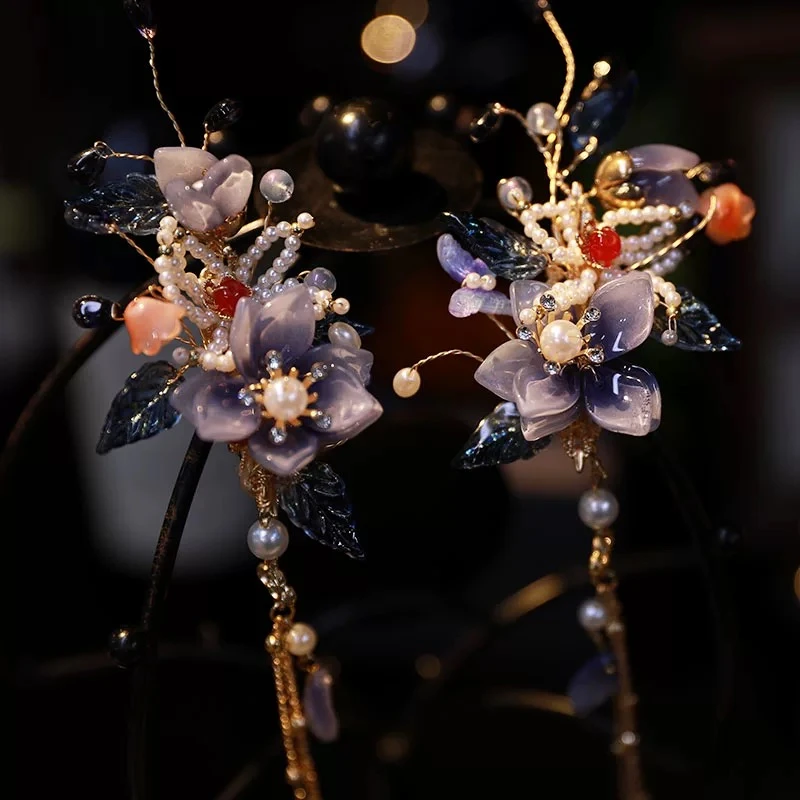 琉璃兰花，新中式紫蓝色琉璃花边夹发夹发饰头饰（299）